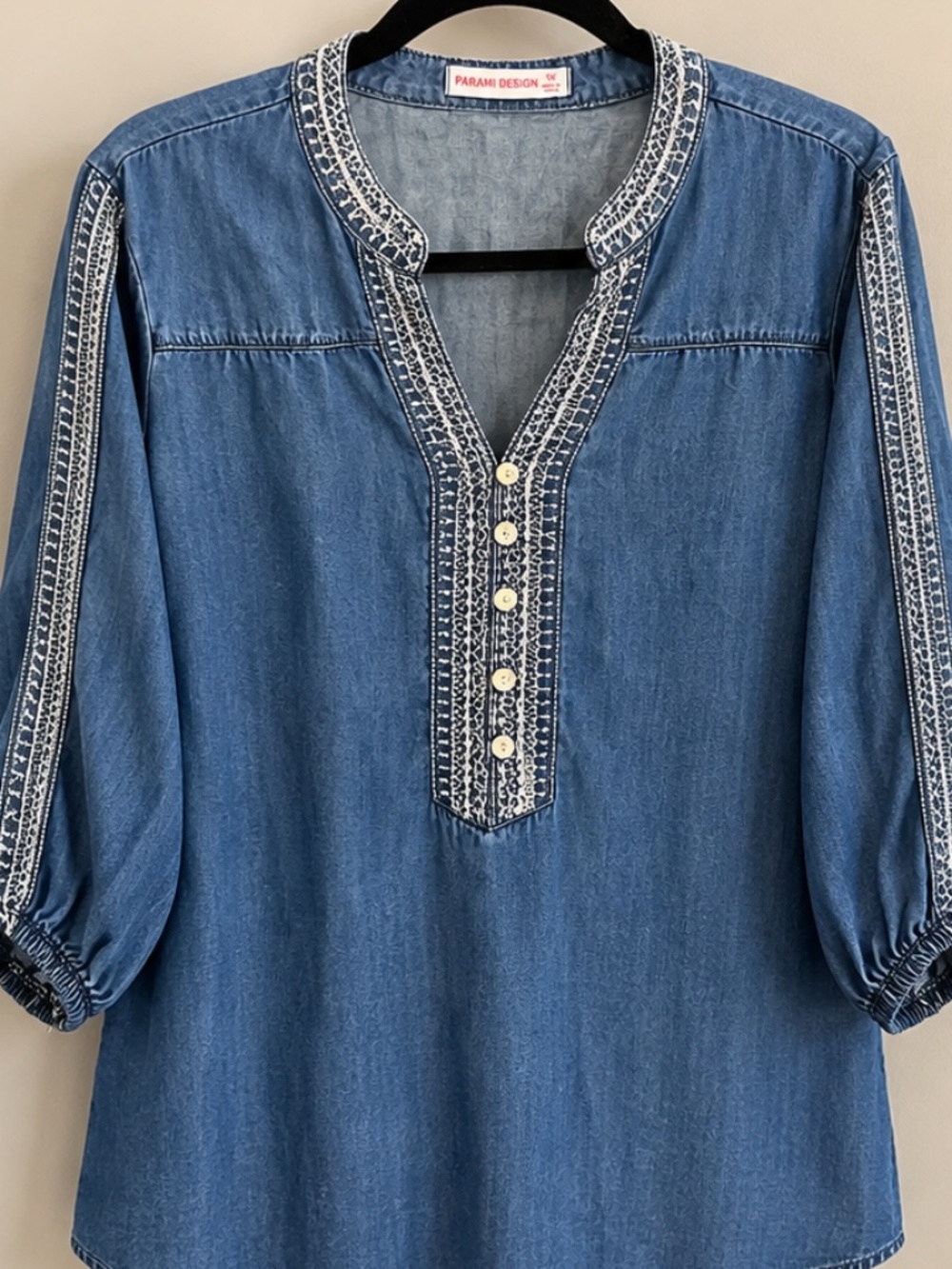 Denim Tunic Top 1X Embroidered Boho Peasant Blouse